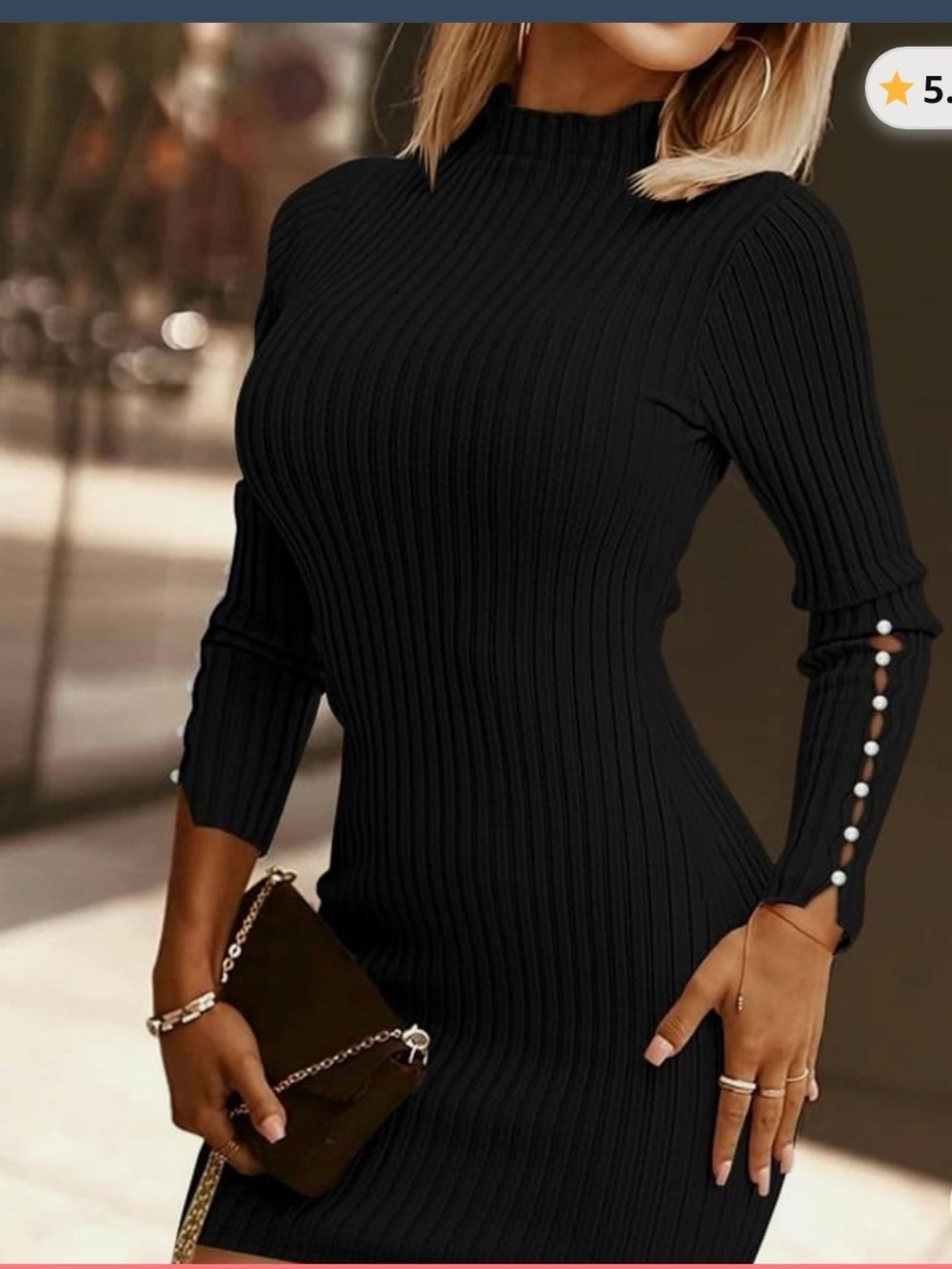 Black Ribbed Mock-Neck Bodycon Dress with Pearl-Sleeve Detail
